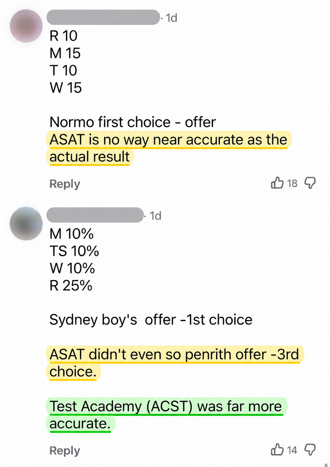 Screenshot of two parents&rsquo; Facebook comments comparing their child&rsquo;s ASAT and ACST results against the August 2026 selective outcomes